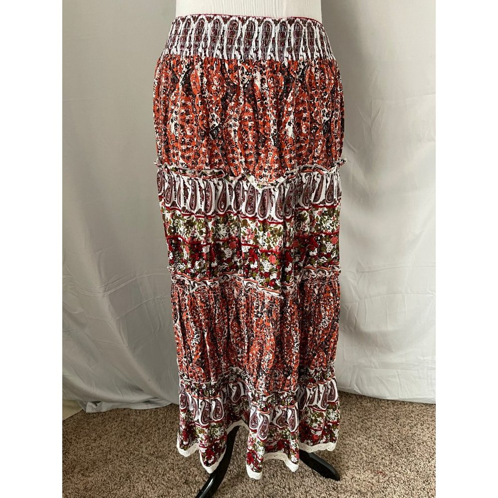 Available Multi-color Paisley Floral Print 4-Tier Elastic Waist Maxi Skirt - Picture 1 of 8